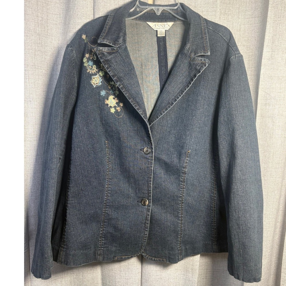 Casual Corner Annex Womens 3X Denim Blazer Embroidered Floral Blue Jean Jacket